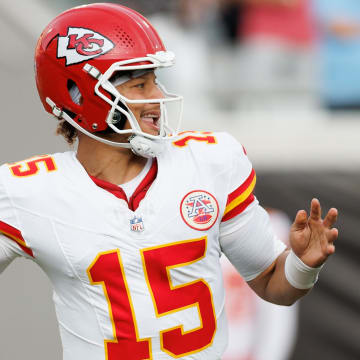 Aug 10, 2024; Jacksonville, Florida, USA; Kansas City Chiefs quarterback Patrick Mahomes (15) looks to throw a pass during the first quarter against the Jacksonville Jaguars at EverBank Stadium. Mandatory Credit: Douglas DeFelice-USA TODAY Sports