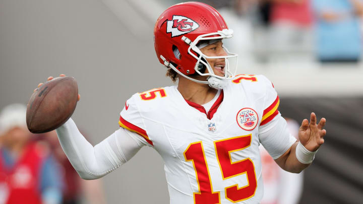 Aug 10, 2024; Jacksonville, Florida, USA; Kansas City Chiefs quarterback Patrick Mahomes (15) looks to throw a pass during the first quarter against the Jacksonville Jaguars at EverBank Stadium. Mandatory Credit: Douglas DeFelice-USA TODAY Sports