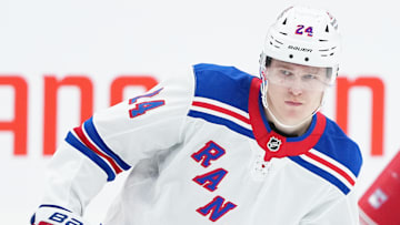 Oct 19, 2024; Toronto, Ontario, CAN; New York Rangers right wing Kaapo Kakko (24) skates during the warmup before a game against the Toronto Maple Leafs at Scotiabank Arena. Mandatory Credit: Nick Turchiaro-Imagn Images