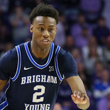 Feb 24, 2024; Manhattan, Kansas, USA; Brigham Young Cougars guard Jaxson Robinson (2) dribbles during the second half against the Kansas State Wildcats at Bramlage Coliseum. Mandatory Credit: Scott Sewell-Imagn Images