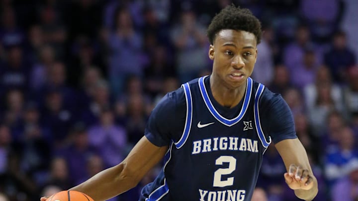 Feb 24, 2024; Manhattan, Kansas, USA; Brigham Young Cougars guard Jaxson Robinson (2) dribbles during the second half against the Kansas State Wildcats at Bramlage Coliseum. Mandatory Credit: Scott Sewell-Imagn Images