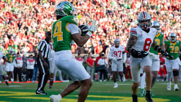 Oregon wide receiver Justius Lowe hauls in a 2-point conversion at the Rose Bowl. He's the Ducks' second-leading returning receiver with 21 catches for 203 yards and one touchdown.