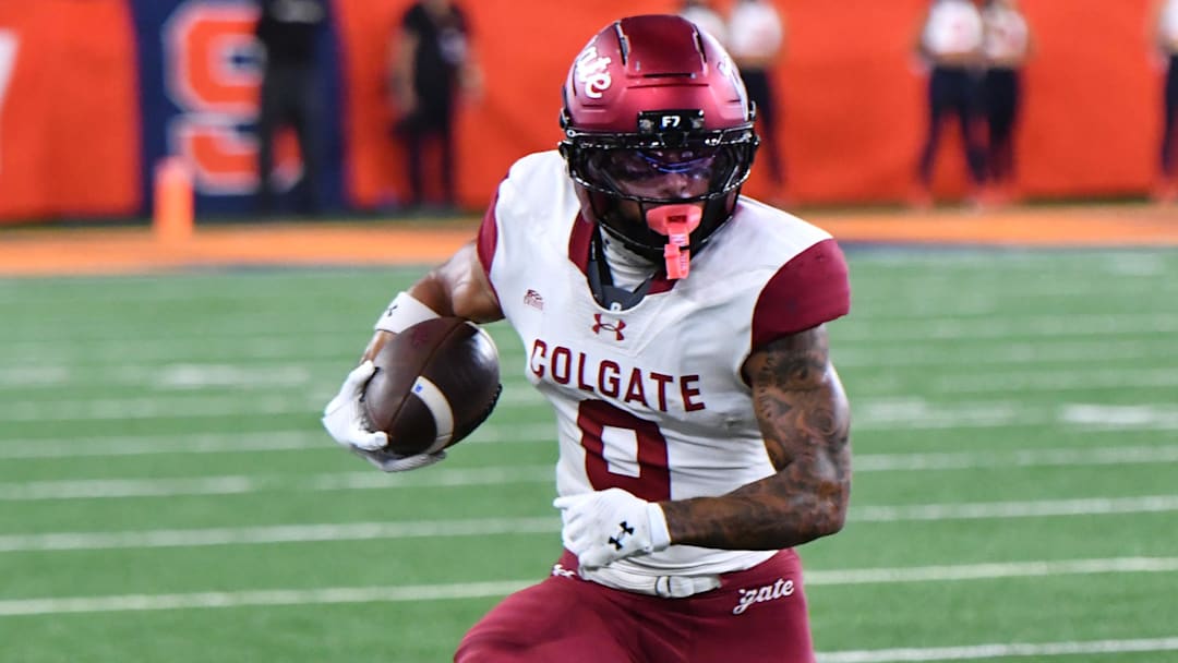 Colgate Raiders wide receiver Treyvhon Saunders (9) runs after making a catch in the third quarter against the Syracuse Orange Colgate Raiders wide receiver Treyvhon Saunders (9) runs after making a catch in the third quarter against the Syracuse Orange
