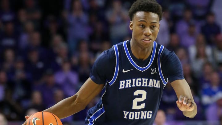 Feb 24, 2024; Manhattan, Kansas, USA; Brigham Young Cougars guard Jaxson Robinson (2) dribbles during the second half against the Kansas State Wildcats at Bramlage Coliseum. Mandatory Credit: Scott Sewell-USA TODAY Sports