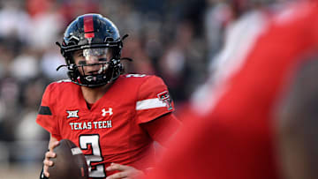 Texas Tech's quarterback Behren Morton (2) prepares to throw the ball against UCF in a Big 12 football game, Saturday, Nov. 18, 2023, at Jones AT&T Stadium.