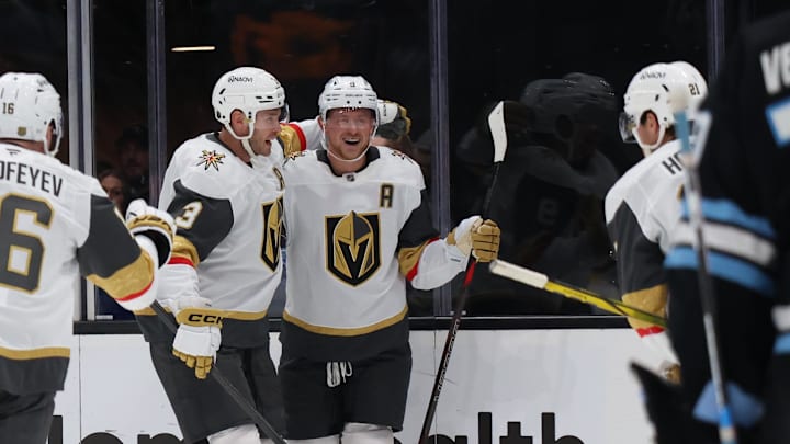 Nov 20, 2025; Salt Lake City, Utah, USA; Vegas Golden Knights center Jack Eichel (9) celebrates scoring a goal against the Utah Mammoth during the second period at Delta Center. Mandatory Credit: Rob Gray-Imagn Images