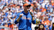Apr 12, 2025; Gainesville, FL, USA; Florida Gators athletic director Scott Stricklin addresses the crowd during the National Championship celebration at Ben Hill Griffin Stadium. Mandatory Credit: Matt Pendleton-Imagn Images