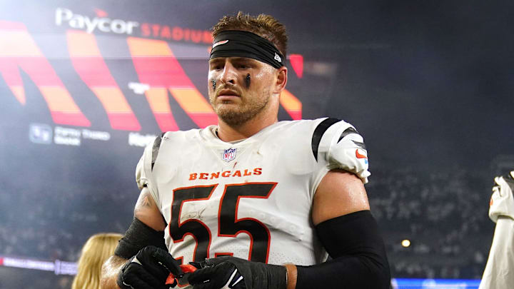 Cincinnati Bengals linebacker Logan Wilson (55) and Cincinnati Bengals defensive end Cam Sample (96) walk off the field at the conclusion of a Week 3 NFL football game between the Los Angeles Rams and the Cincinnati Bengals, Monday, Sept. 25, 2023, at Paycor Stadium in Cincinnati. The Cincinnati Bengals won, 19-16.