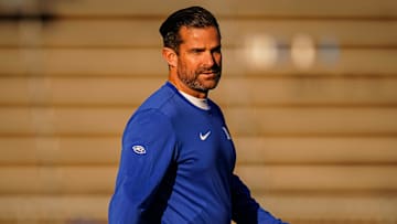 Nov 8, 2025; East Hartford, Connecticut, USA; Duke Blue Devils head coach Manny Diaz on the field before the start of the game against the UConn Huskies at Pratt & Whitney Stadium at Rentschler Field. Mandatory Credit: David Butler II-Imagn Images