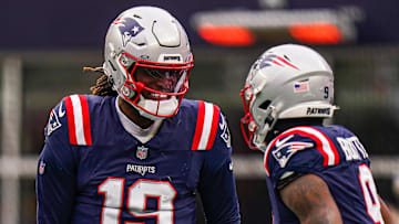 Jan 5, 2025; Foxborough, Massachusetts, USA; New England Patriots quarterback Joe Milton III (19) reacts after his touchdown pass against the Buffalo Bills in the first half at Gillette Stadium. Mandatory Credit: David Butler II-Imagn Images