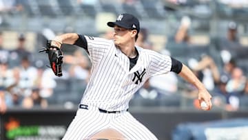 Mar 29, 2025; Bronx, New York, USA; New York Yankees starting pitcher Max Fried (54) pitches in the first inning against the Milwaukee Brewers at Yankee Stadium. 