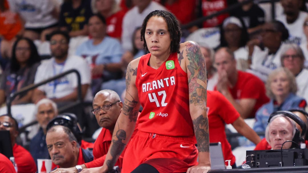 Atlanta Dream center Brittney Griner (42) waits to enter a game against the Indiana Fever in the first quarter during game one of round one for the 2025 WNBA Playoffs at Gateway Center Arena at College Park. 