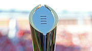 Sep 27, 2025; Oxford, Mississippi, USA; National Championship trophy sits on the sidelines at Vaught-Hemingway Stadium. Mandatory Credit: Petre Thomas-Imagn Images