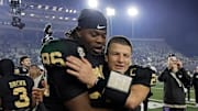 Vanderbilt quarterback Diego Pavia (2) celebrates with defensive lineman Khordae Sydnor (96) after the team’s win against Kentucky at FirstBank Stadium in Nashville, Tenn., Saturday, Nov. 22, 2025.
