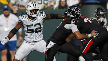 Oct 20, 2024; Green Bay, Wisconsin, USA;  Green Bay Packers defensive end Rashan Gary (52) rushes Houston Texans quarterback C.J. Stroud (7)  at Lambeau Field. Mandatory Credit: Tork Mason/Green Bay Press-Gazette via the USA TODAY NETWORK-Wisconsin-Imagn Images