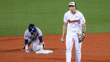Oregon State's Aiva Arquette (13) celebrates getting the double play during an NCAA college baseball game at Goss Stadium on Friday, March 7, 2025, in Corvallis, Ore.