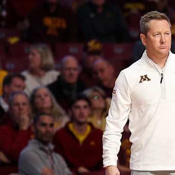 Nov 3, 2025; Minneapolis, Minnesota, USA; Minnesota Golden Gophers head coach Niko Medved looks on during the first half against the Gardner-Webb Runnin' Bulldogs at Williams Arena. Mandatory Credit: Matt Krohn-Imagn Images