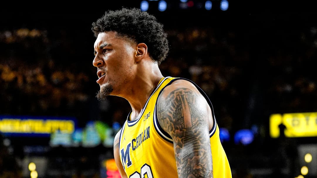 Michigan forward Yaxel Lendeborg (23) celebrates a play against Michigan State during the second half at Crisler Center in Ann Arbor on Sunday, March 8, 2026.