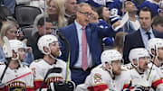 May 18, 2025; Toronto, Ontario, CAN; Florida Panthers head coach Paul Maurice (blue suit) calls out instructions during the third period of game seven of the second round of the 2025 Stanley Cup Playoffs against the Toronto Maple Leafs at Scotiabank Arena. Mandatory Credit: John E. Sokolowski-Imagn Images