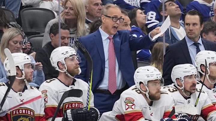 May 18, 2025; Toronto, Ontario, CAN; Florida Panthers head coach Paul Maurice (blue suit) calls out instructions during the third period of game seven of the second round of the 2025 Stanley Cup Playoffs against the Toronto Maple Leafs at Scotiabank Arena. Mandatory Credit: John E. Sokolowski-Imagn Images