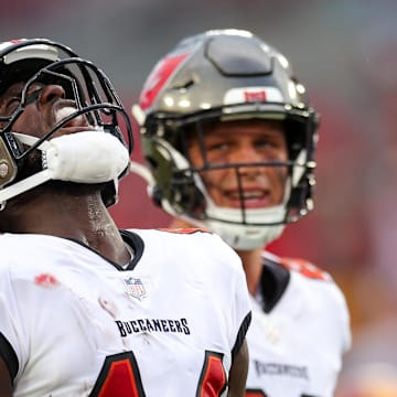 Sep 8, 2024; Tampa, Florida, USA; Tampa Bay Buccaneers wide receiver Chris Godwin (14) reacts after a play against the Washington Commanders in the fourth quarter at Raymond James Stadium. Mandatory Credit: Nathan Ray Seebeck-Imagn Images