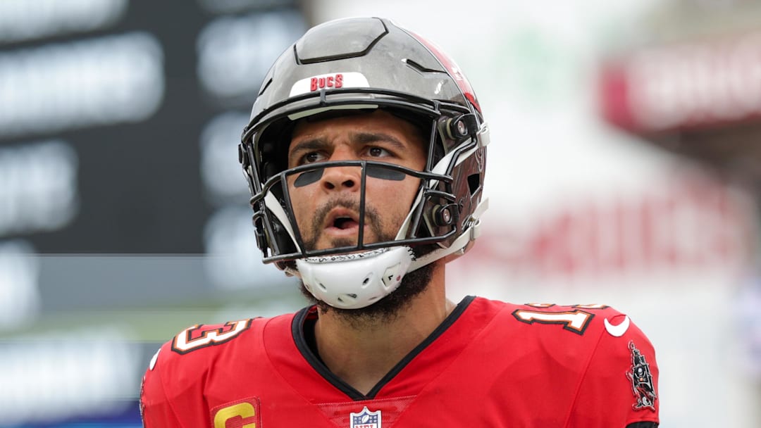 Dec 29, 2024; Tampa, Florida, USA; Tampa Bay Buccaneers wide receiver Mike Evans (13) celebrates after catching a pass for a two point conversion against the Carolina Panthers in the second quarter at Raymond James Stadium. Mandatory Credit: Nathan Ray Seebeck-Imagn Images