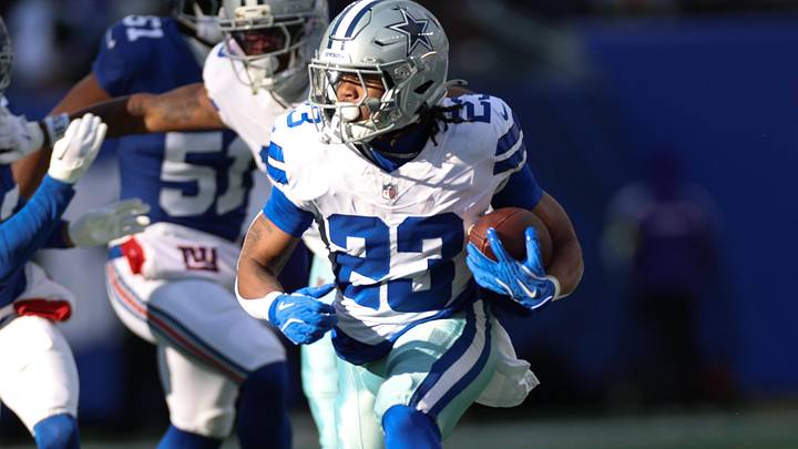 Jan 4, 2026; East Rutherford, New Jersey, USA; Dallas Cowboys running back Jaydon Blue (23) rushes during the first quarter against the New York Giants at MetLife Stadium.