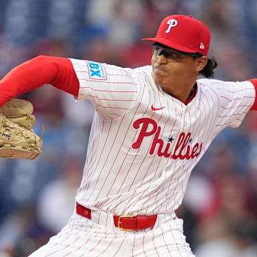 Apr 15, 2025; Philadelphia, Pennsylvania, USA; Philadelphia Phillies starting pitcher Jesus Luzardo (44) throws a pitch against the San Francisco Giants in the first inning at Citizens Bank Park. All players wore #42 for Jackie Robinson Day.