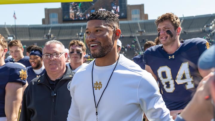 Apr 12, 2025; Notre Dame, IN, USA; Notre Dame Fighting Irish head coach Marcus Freeman smiles as he walks off the field after the Blue-Gold game at Notre Dame Stadium. Mandatory Credit: Michael Caterina-Imagn Images