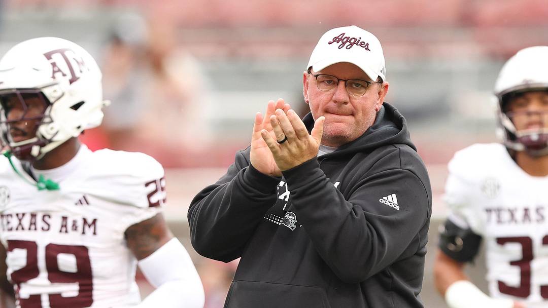 Oct 18, 2025; Fayetteville, Arkansas, USA; Texas A&M Aggies head coach Mike Elko prior to the game against the Arkansas Razorbacks at Donald W. Reynolds Razorback Stadium. Mandatory Credit: Nelson Chenault-Imagn Images