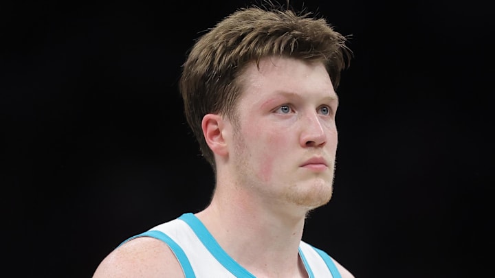 Mar 31, 2026; Brooklyn, New York, USA; Charlotte Hornets guard Kon Knueppel (7) during the fourth quarter against the Brooklyn Nets at Barclays Center. Mandatory Credit: Brad Penner-Imagn Images