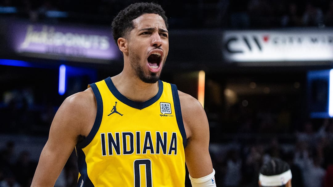 Mar 31, 2025; Indianapolis, Indiana, USA; Indiana Pacers guard Tyrese Haliburton (0) celebrates the game winning basket in the second half against the Sacramento Kings at Gainbridge Fieldhouse. Mandatory Credit: Trevor Ruszkowski-Imagn Images
