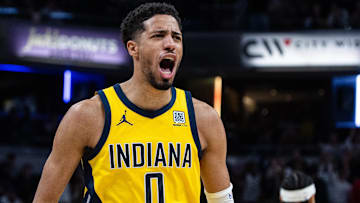 Mar 31, 2025; Indianapolis, Indiana, USA; Indiana Pacers guard Tyrese Haliburton (0) celebrates the game winning basket in the second half against the Sacramento Kings at Gainbridge Fieldhouse. Mandatory Credit: Trevor Ruszkowski-Imagn Images