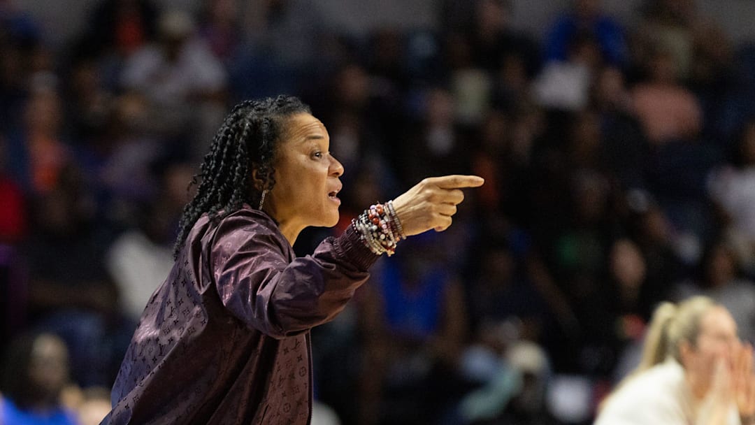 South Carolina head coach Dawn Staley reacts during the first half of an NCAA women’s basketball game at Steven C. O'Connell Center Exactek arena in Gainesville, FL on Sunday, January 4, 2026. [Alan Youngblood/Gainesville Sun]
