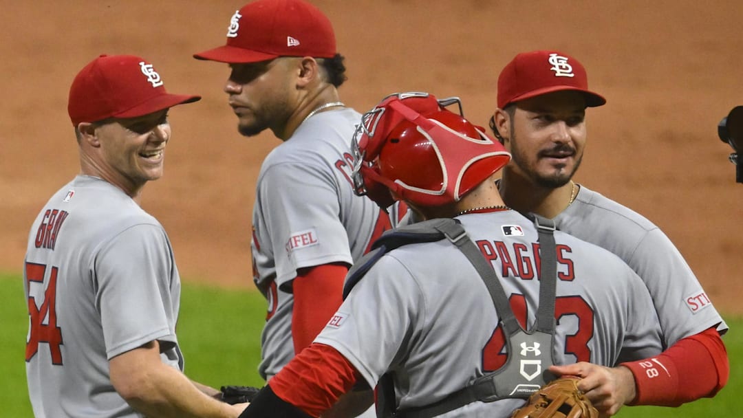 Jun 27, 2025; Cleveland, Ohio, USA; St. Louis Cardinals starting pitcher Sonny Gray (54) and his teammates celebrate a win against the Cleveland Guardians at Progressive Field. Mandatory Credit: David Richard-Imagn Images