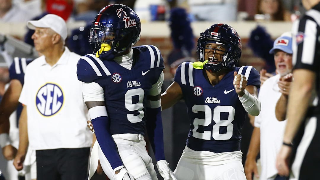 Aug 31, 2024; Oxford, Mississippi, USA; Mississippi Rebels defensive back Trey Amos (9) and defensive back Jadon Canady (28) react after a pass break up during the first half against the Furman Paladins at Vaught-Hemingway Stadium. Mandatory Credit: Petre Thomas-Imagn Images