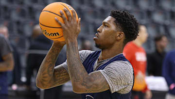 Mar 26, 2025; Newark, NJ, USA; Arizona Wildcats guard Caleb Love (1) shoots the ball during a practice session in preparation for an East Regional semifinal game against the Duke Blue Devils at Prudential Center. Mandatory Credit: Vincent Carchietta-Imagn Images