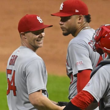 Jun 27, 2025; Cleveland, Ohio, USA; St. Louis Cardinals starting pitcher Sonny Gray (54) and his teammates celebrate a win against the Cleveland Guardians at Progressive Field. Mandatory Credit: David Richard-Imagn Images