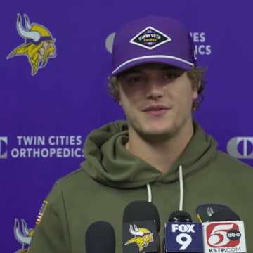 J.J. McCarthy speaks to reporters on Wednesday, Nov. 12