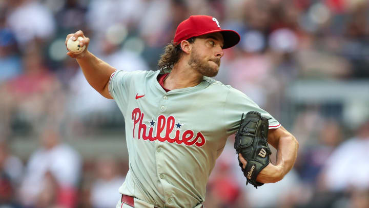 Philadelphia Phillies starting pitcher Aaron Nola (27) throws against the Atlanta Braves in the second inning at Truist Park on July 5.