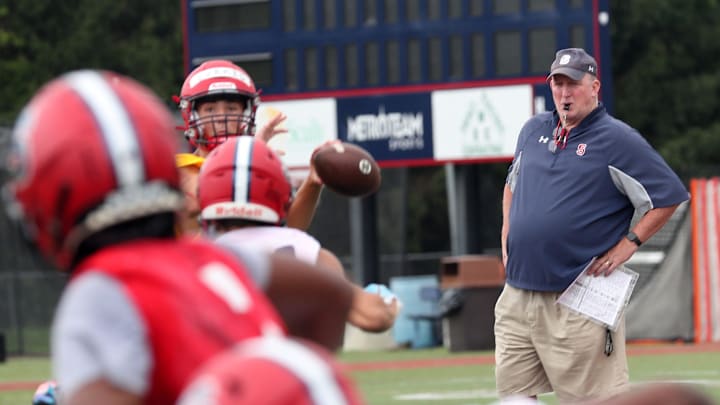 Archbishop Stepinac football coach Mike O'Donnell runs a drill during the first day of football practice for the CHSAA at at Archbishop Stepinac in White Plains Aug. 16, 2023. Archbishop Stepinac football coach Mike O'Donnell runs a drill during the first day of football practice for the CHSAA at at Archbishop Stepinac in White Plains Aug. 16, 2023.