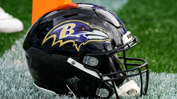 Aug 21, 2021; Charlotte, North Carolina, USA; Baltimore Ravens helmet during pre-game against the Carolina Panthers at Bank of America Stadium. Mandatory Credit: Jim Dedmon-USA TODAY Sports