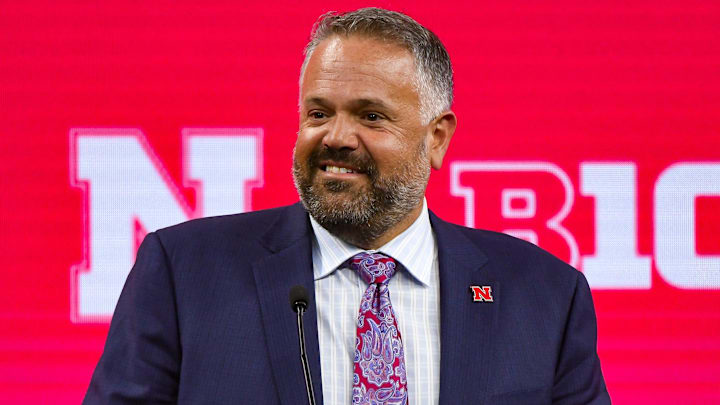 Jul 27, 2023; Indianapolis, IN, USA;  Nebraska Cornhuskers head coach Matt Rhule speaks to the media during the Big 10 football media day at Lucas Oil Stadium. Mandatory Credit: Robert Goddin-Imagn Images