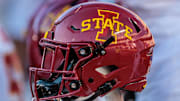 Nov 9, 2024; Kansas City, Missouri, USA; Iowa State Cyclones helmets on the bench during the first quarter against the Kansas Jayhawks at GEHA Field at Arrowhead Stadium. 