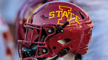Nov 9, 2024; Kansas City, Missouri, USA; Iowa State Cyclones helmets on the bench during the first quarter against the Kansas Jayhawks at GEHA Field at Arrowhead Stadium. 