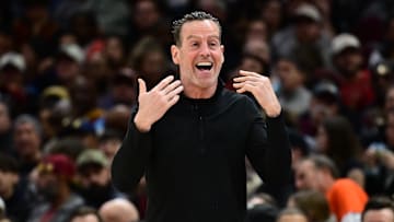 Feb 21, 2025; Cleveland, Ohio, USA;  Cleveland Cavaliers head coach Kenny Atkinson reacts during the second half against the New York Knicks at Rocket Arena. Mandatory Credit: Ken Blaze-Imagn Images