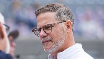 Oct 13, 2025; Toronto, Ontario, CAN; Toronto Blue Jays general manager Ross Atkins talks with the media during batting practice between the Toronto Blue Jays and Seattle Mariners before game two of the ALCS round for the 2025 MLB playoffs at Rogers Centre.