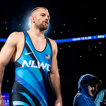 David Taylor is introduced before the 86 kg freestyle championship series at the 2024 U.S. Olympic Wrestling Trials.