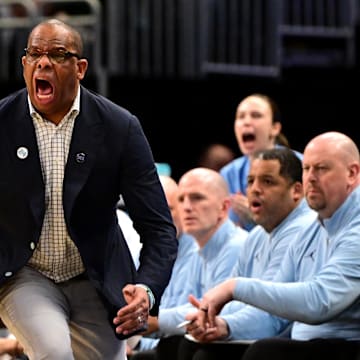 Mar 21, 2025; Milwaukee, WI, USA; North Carolina Tar Heels head coach Hubert Davis during the first half of a first round NCAA men’s tournament game against the Mississippi Rebels at Fiserv Forum. Mandatory Credit: Benny Sieu-Imagn Images