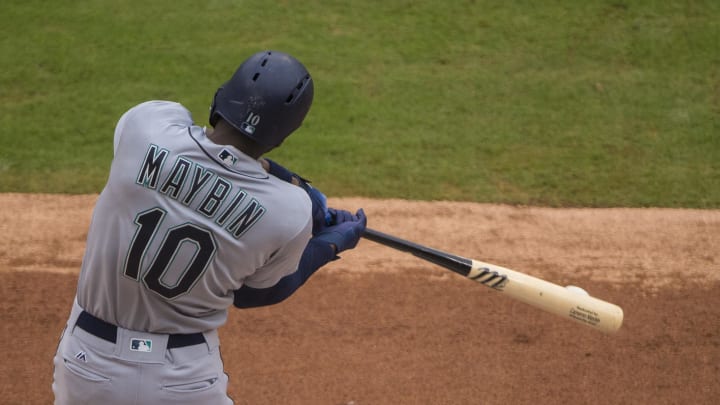 Seattle Mariners left fielder Cameron Maybin (10) bats against the Texas Rangers during the second inning at Globe Life Park in Arlington in 2018.